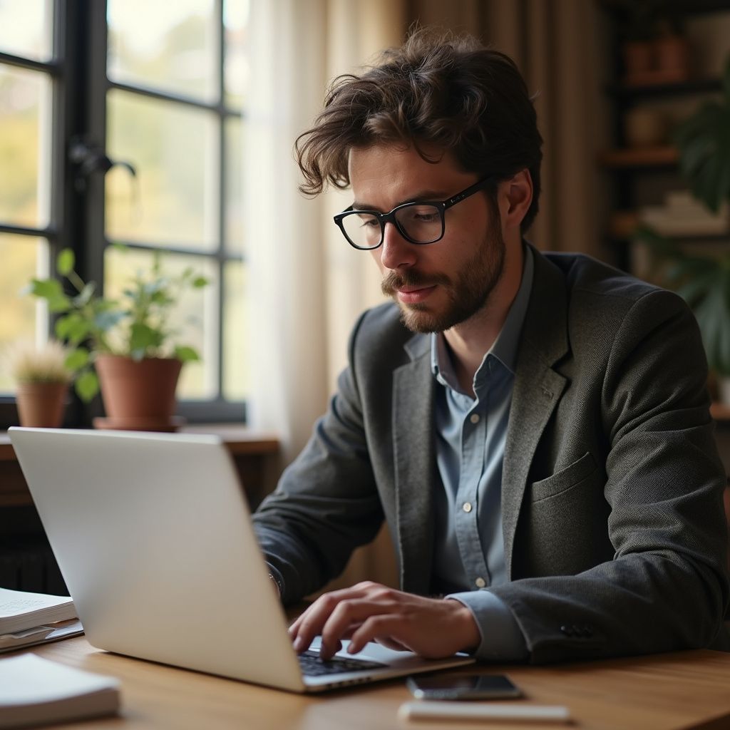 Man wearing glasses and a blazer working on a laptop at a desk near a window.