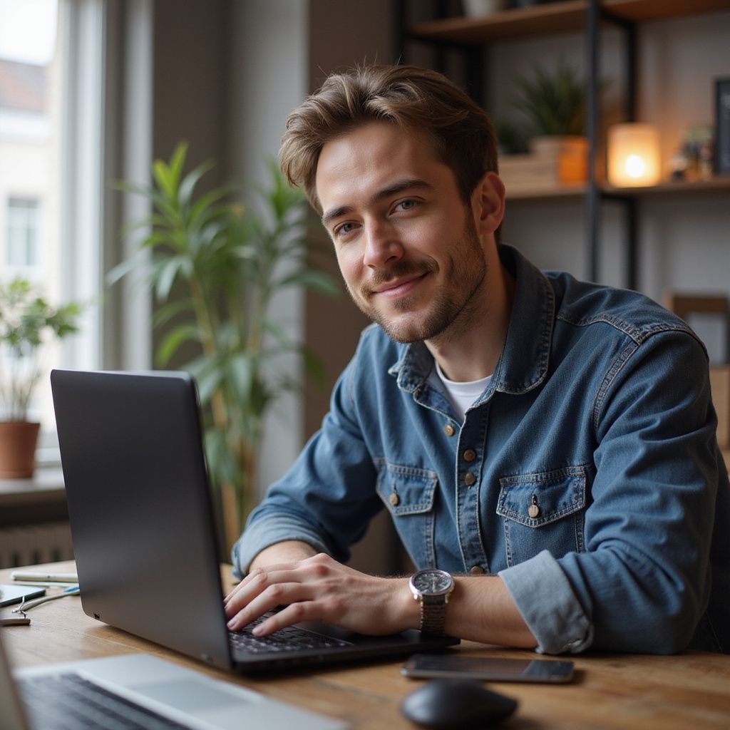 Man with brown hair, smiles while working on a laptop at a desk.