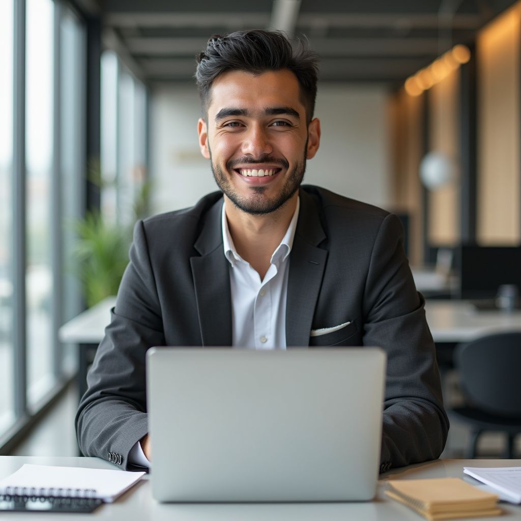 Man in a suit smiles while sitting at a desk with a laptop in an office setting.