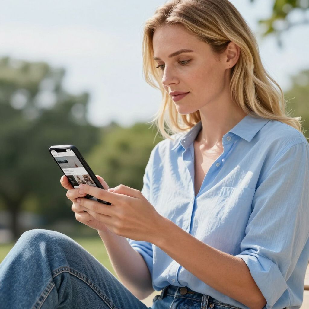Woman in blue shirt and jeans using a smartphone outdoors on a sunny day.