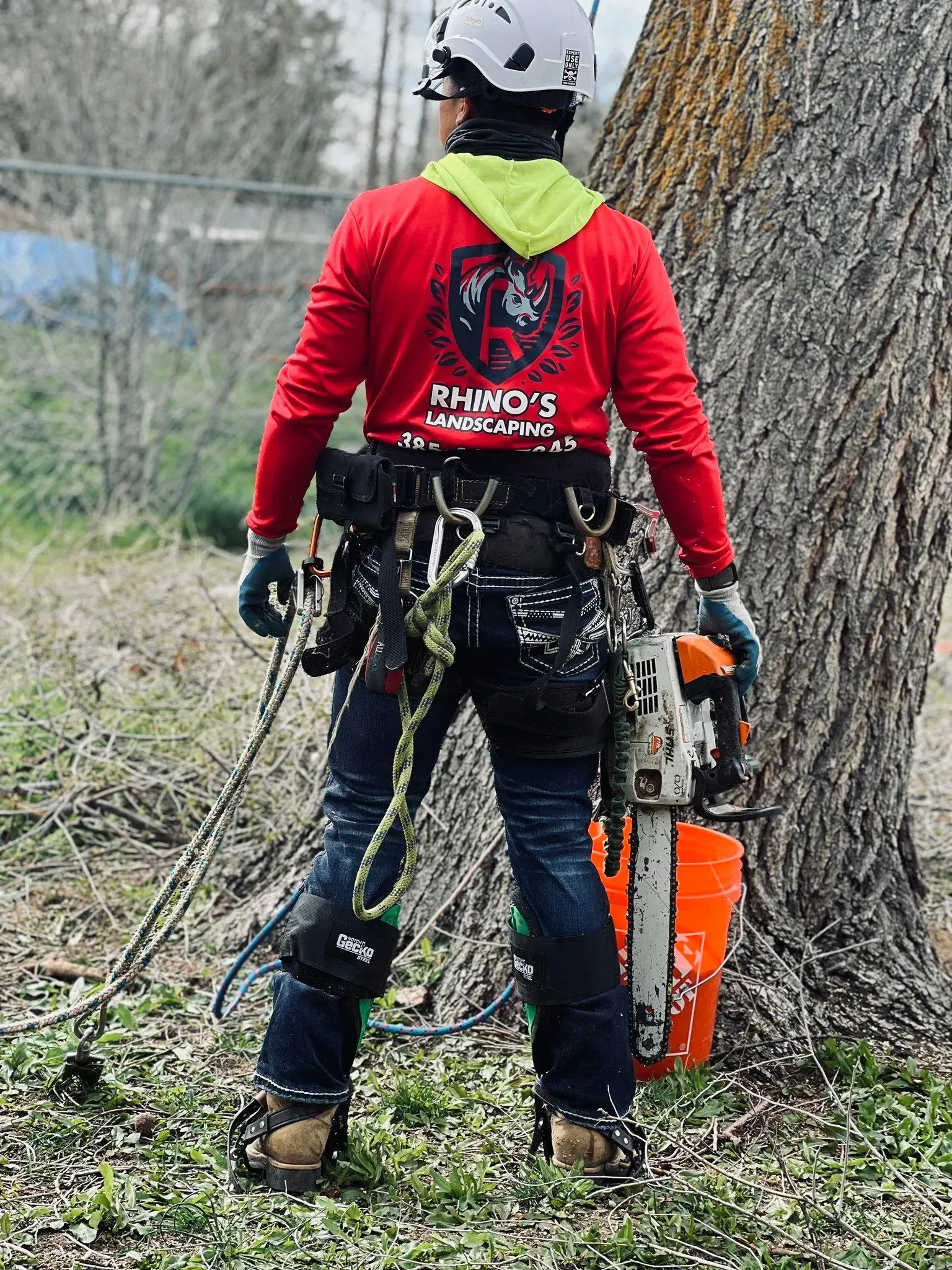 A man in a red shirt is standing next to a tree with a chainsaw.