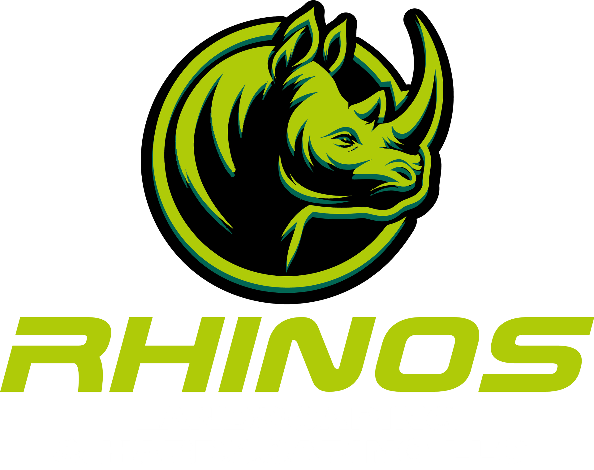 A logo for rhino 's landscaping with a rhino on a shield.