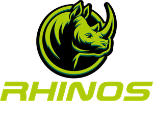 A logo for rhino 's landscaping with a rhino on a shield.