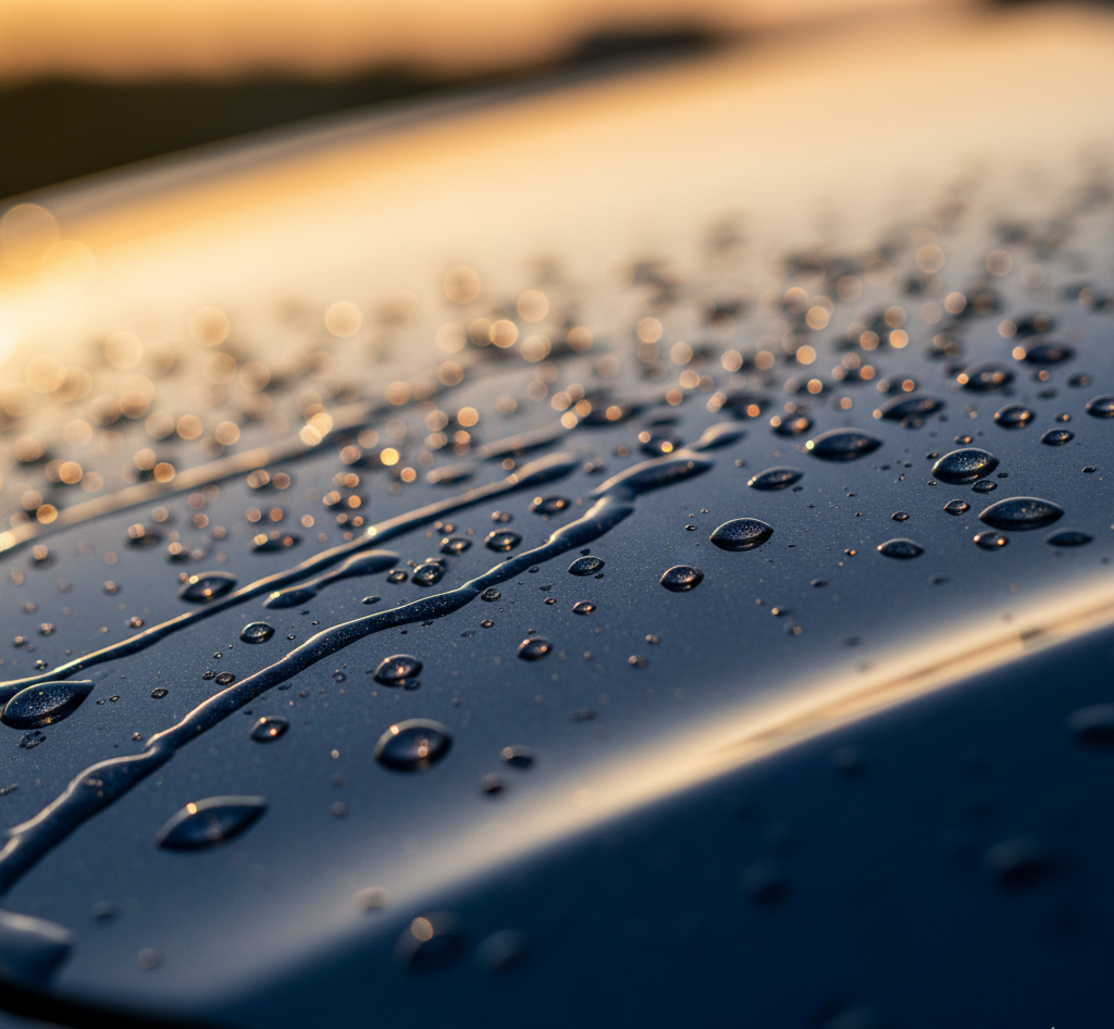 Close-up of a car hood with water droplets, reflecting the golden light of sunset.