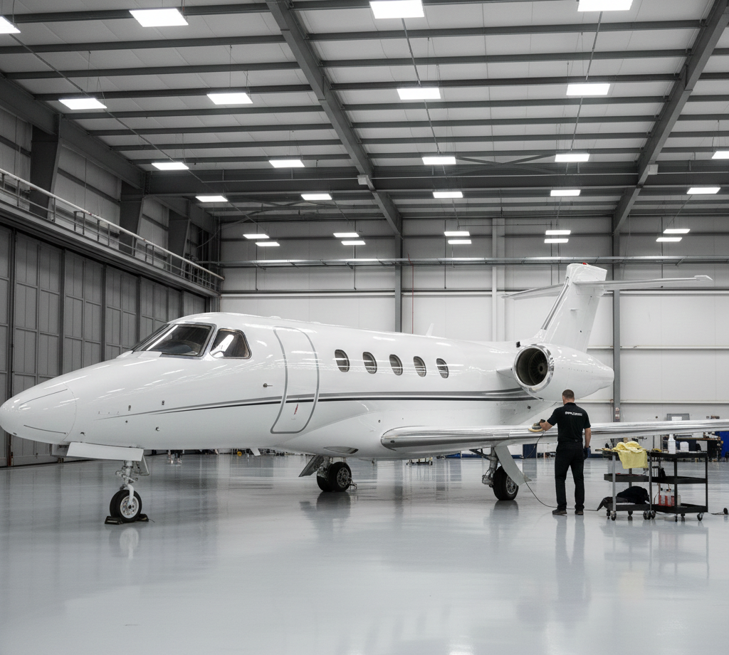 White private jet inside a hangar; person next to the wing.