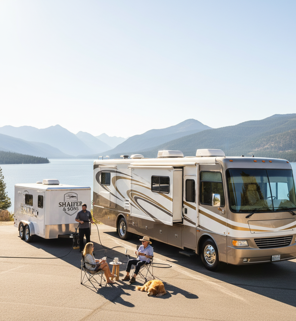 RV parked near lake with people relaxing and dog. Trailer attached. Mountains in the background.