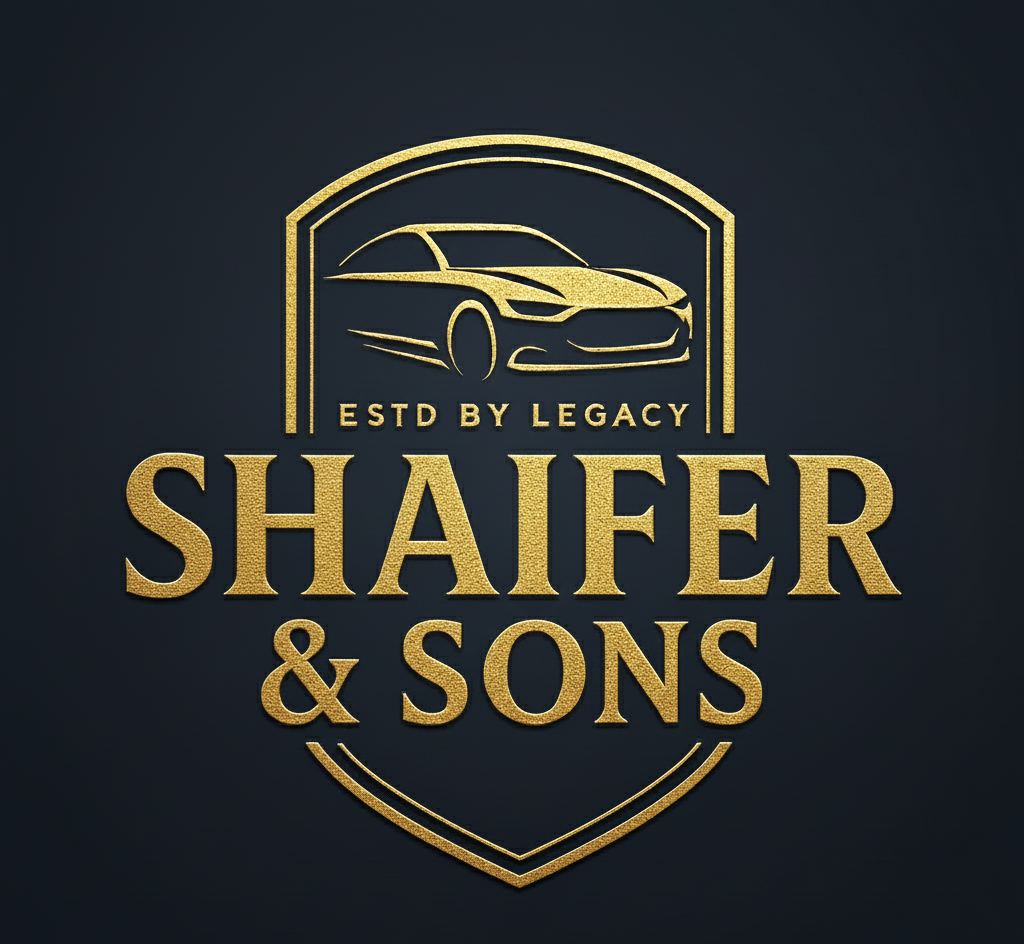 Gold logo for Shaifer & Sons, featuring a car silhouette within a badge, text "ESTD BY LEGACY", and "SHAIFER & SONS."