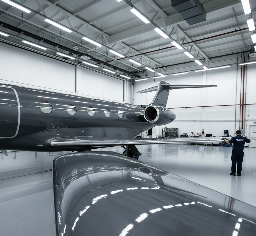 Aircraft inside a hangar, with a person inspecting it. Gray plane with wings reflecting lights.