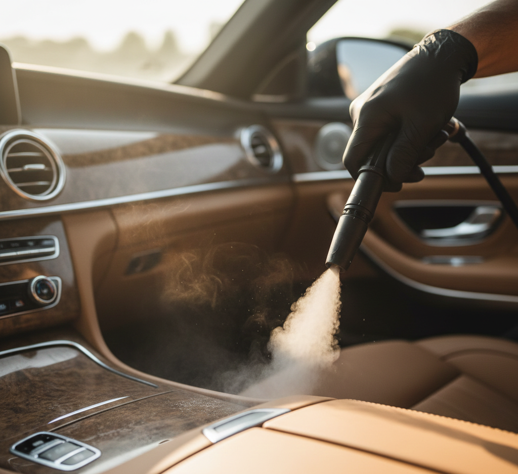 Person in black gloves steam cleans the interior of a car. Brown leather seats and wooden paneling visible.