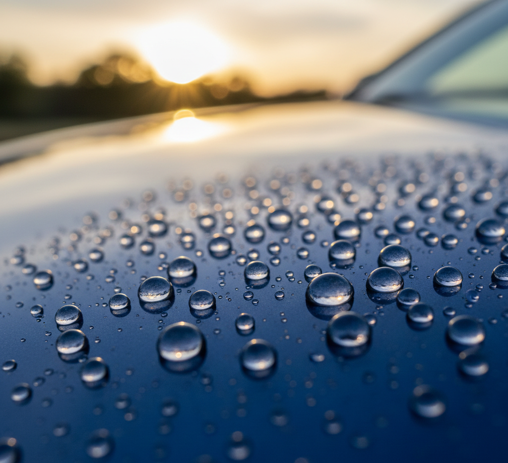 Close-up of water droplets beading on a shiny blue car hood, with a blurred sunset in the background.