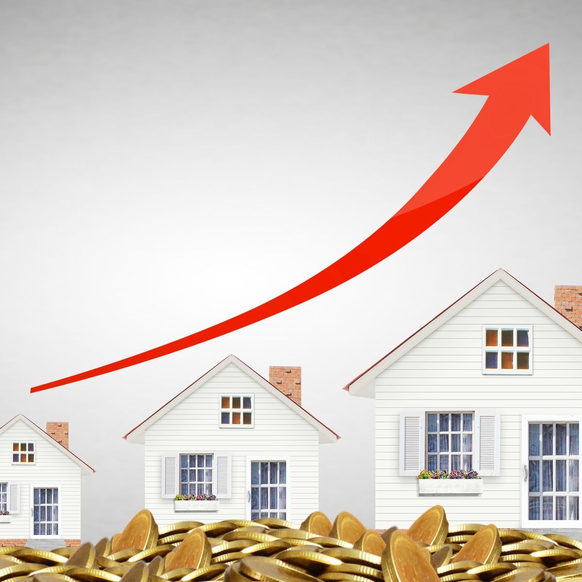 Red arrow pointing upwards and to the right, symbolizing growing real estate value with larger homes