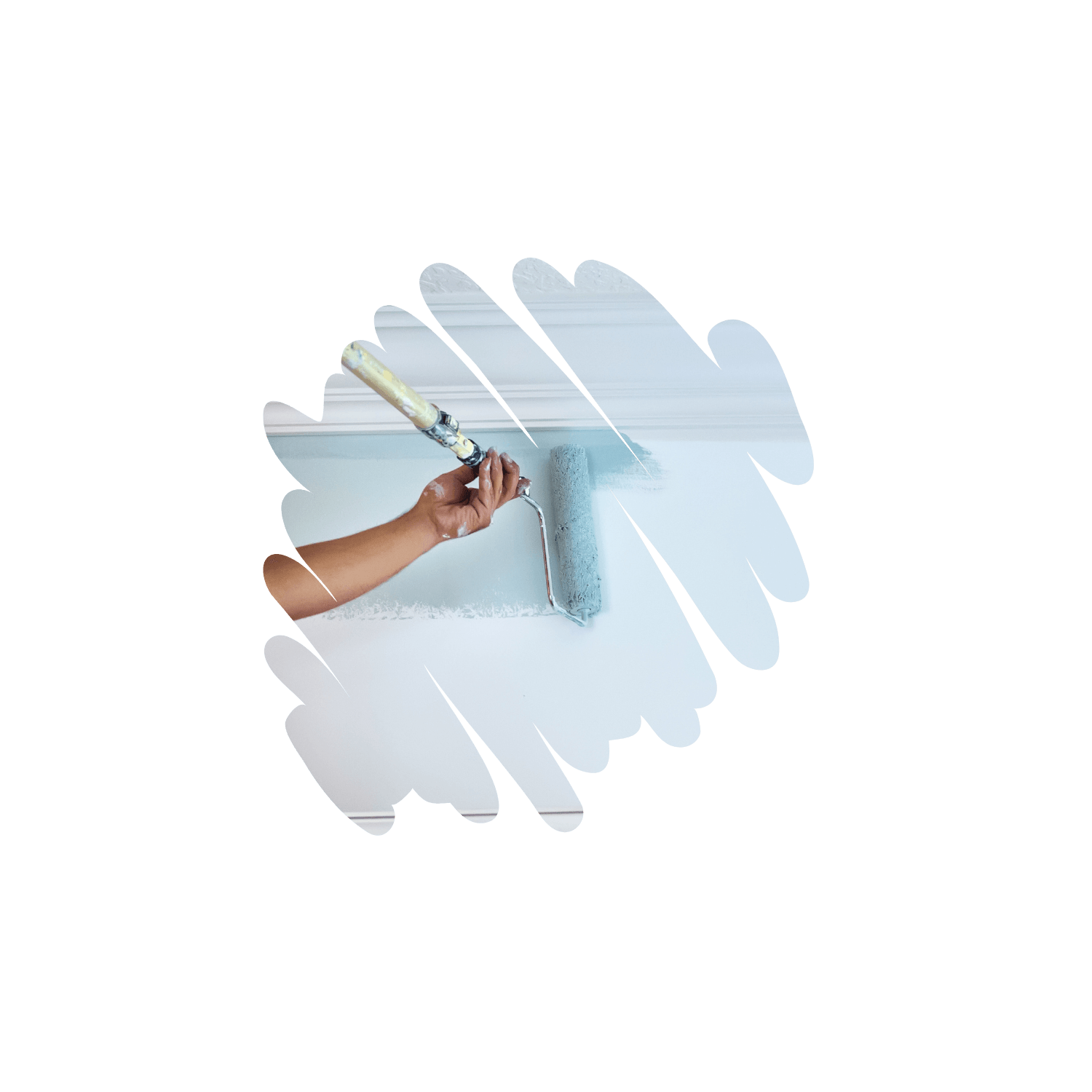 Detailed shot of a painter applying smooth blue paint to a bedroom wall.