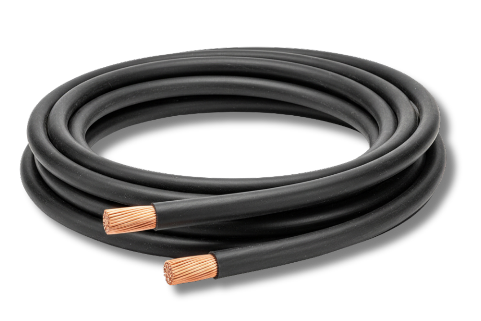 Zwarte opgerolde laskabel met koperen uiteinden.