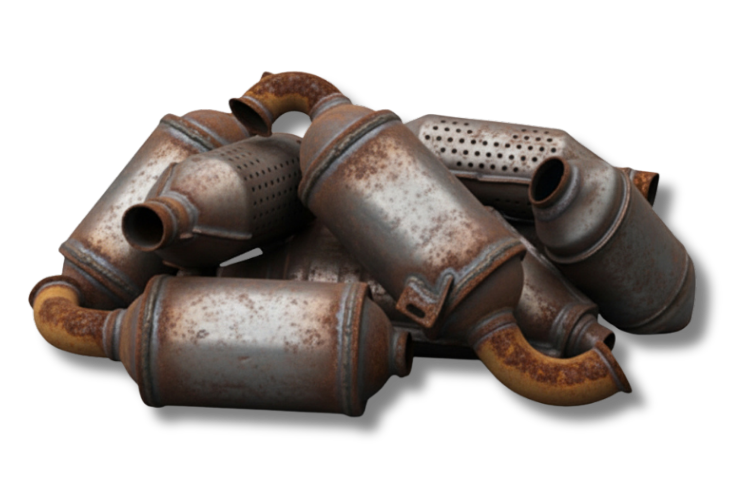 Een stapel verroeste katalysatoren.