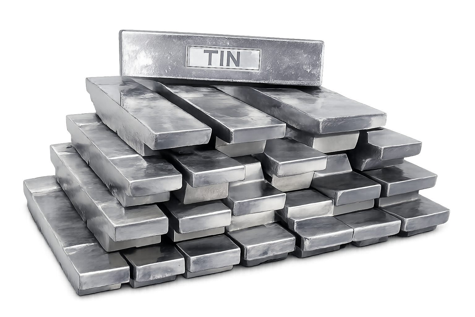 Stapel zilverkleurige tinstaven, waarvan er één is gemerkt met 