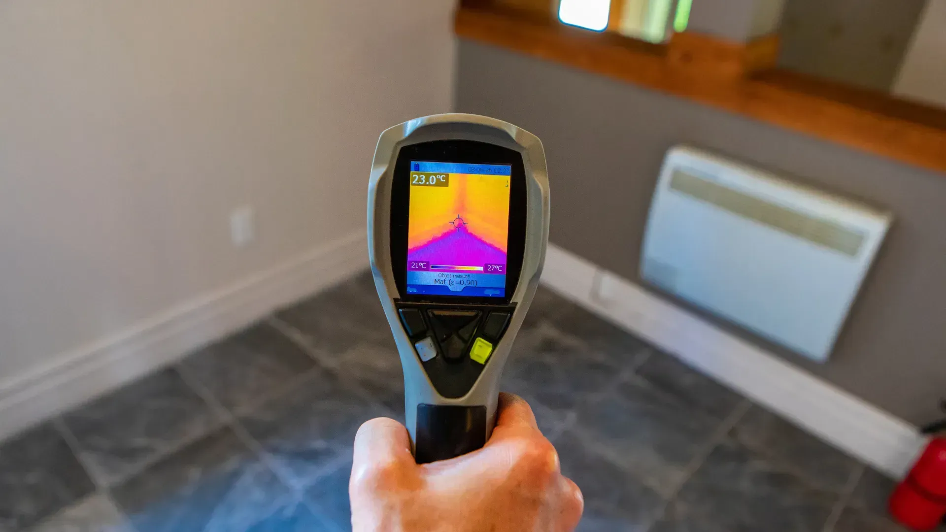 A person is holding a thermal camera in their hand in a room.
