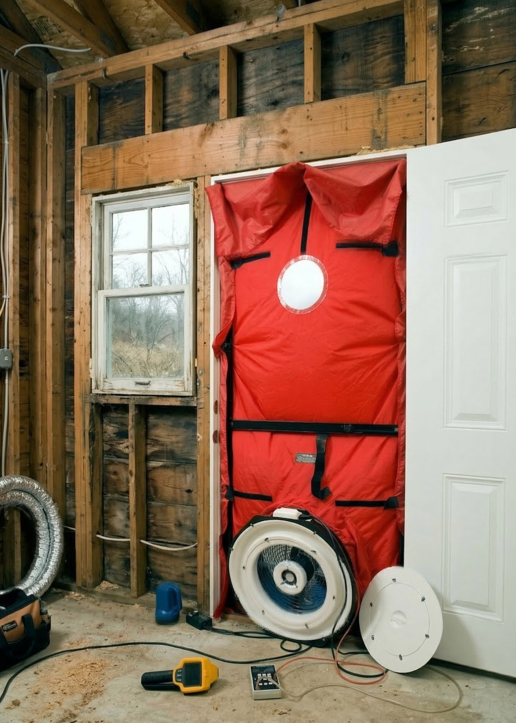 Red door-mounted air barrier with fan in a room under construction.