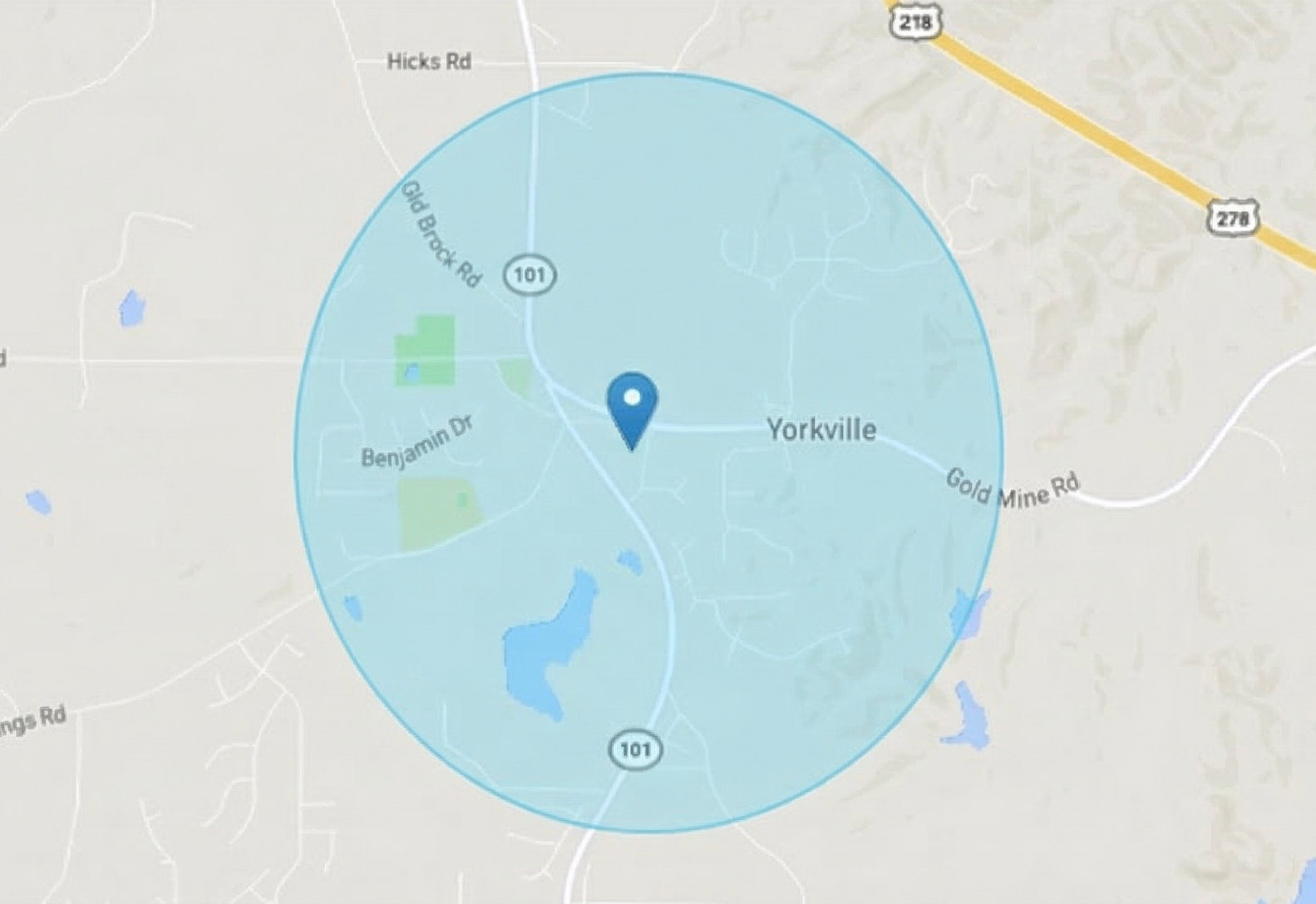 Map of Yorkville, GA with a blue circle overlay, highlighting the surrounding area.