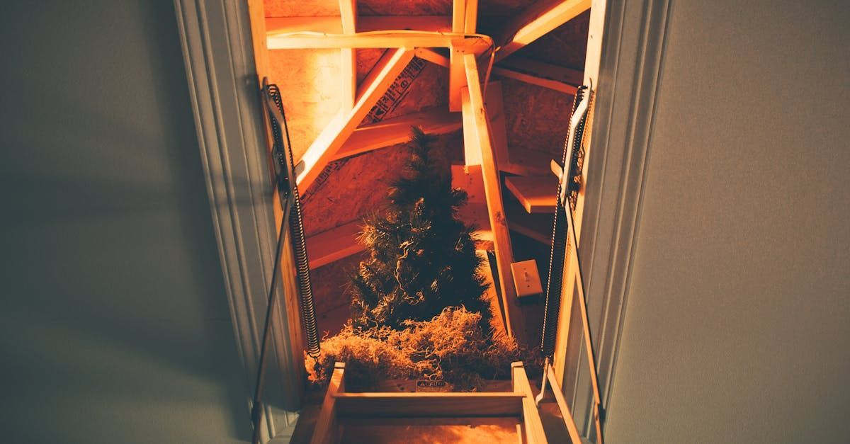 A staircase leading up to an attic with a christmas tree in it.