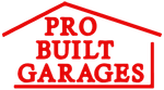 Red logo for Pro Built Garages; text inside a house outline.