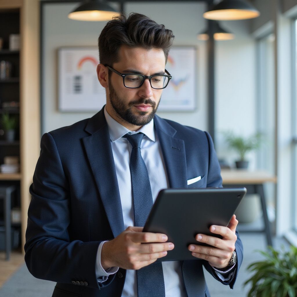Man in a suit and glasses looking at a tablet in an office setting.