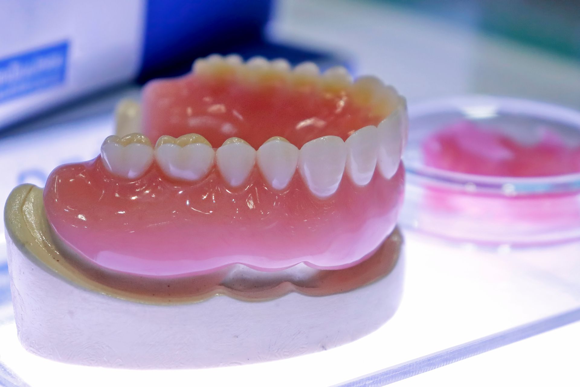 Dentures on a display stand with pink gums, white teeth, and a small container.