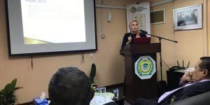 A woman wearing a headscarf speaks from a podium, presenting a slideshow to an audience seated in a conference room.