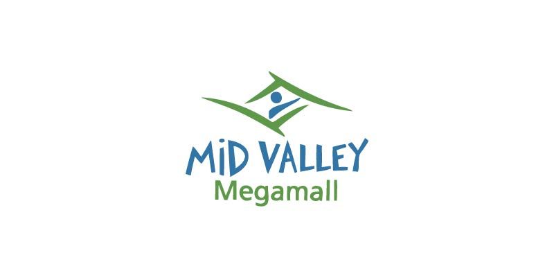 Logo for Mid Valley Megamall, featuring blue text and a green design of a person within two connecting lines.