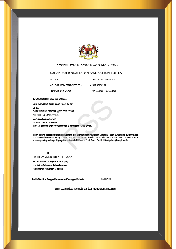 Certificate of Recognition from the Malaysian government, within a gold frame. Contains official seal, text and dates.