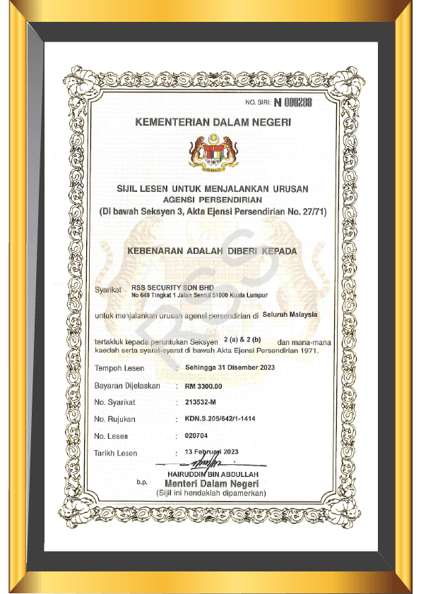 A framed certificate from the Ministry of Home Affairs, Malaysia, granting permission for a measurement activity. It features text in Malay and includes the Minister's signature.