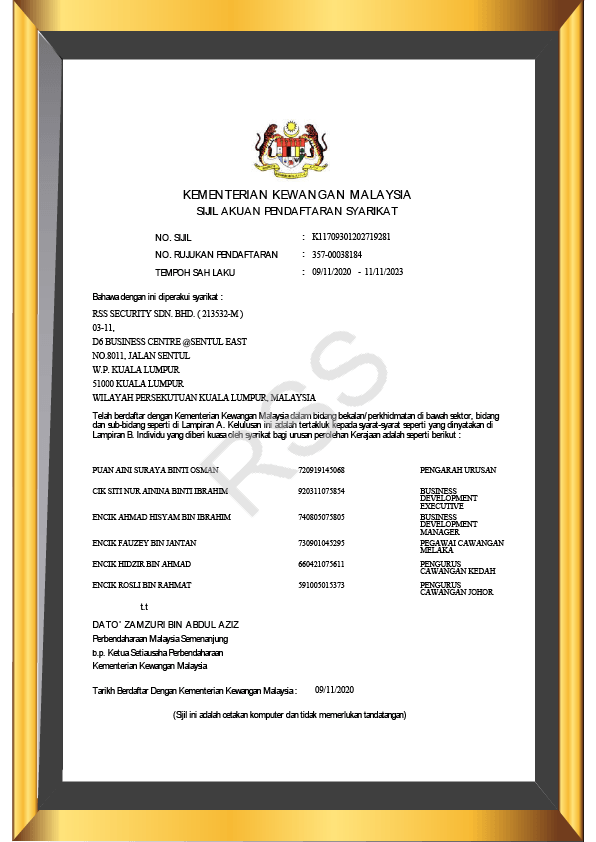 Certificate framed in gold; it's a Malaysian document. Information includes a crest, document details, and names/titles, issued in 2019.