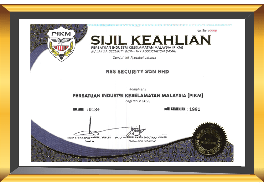 A framed certificate for KSS Security Sdn Bhd, issued by the Malaysian Security Industry Association (PIKM).