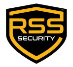 Logo for RSS Security, featuring a yellow and black shield with the letters 