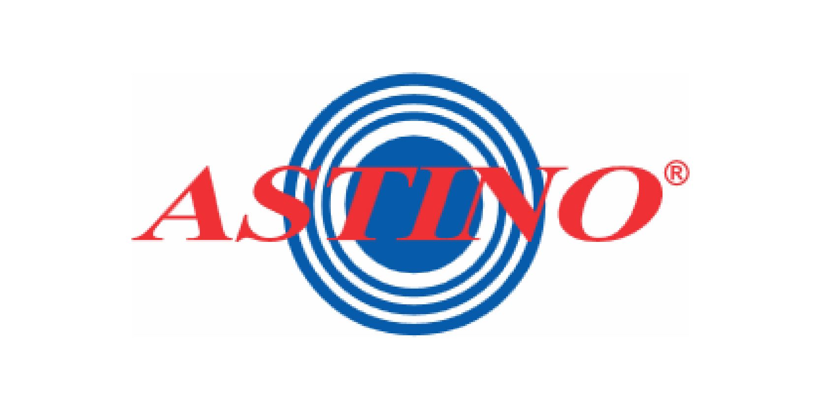 Logo for Astino, featuring the brand name in red text overlaid on a blue target design.