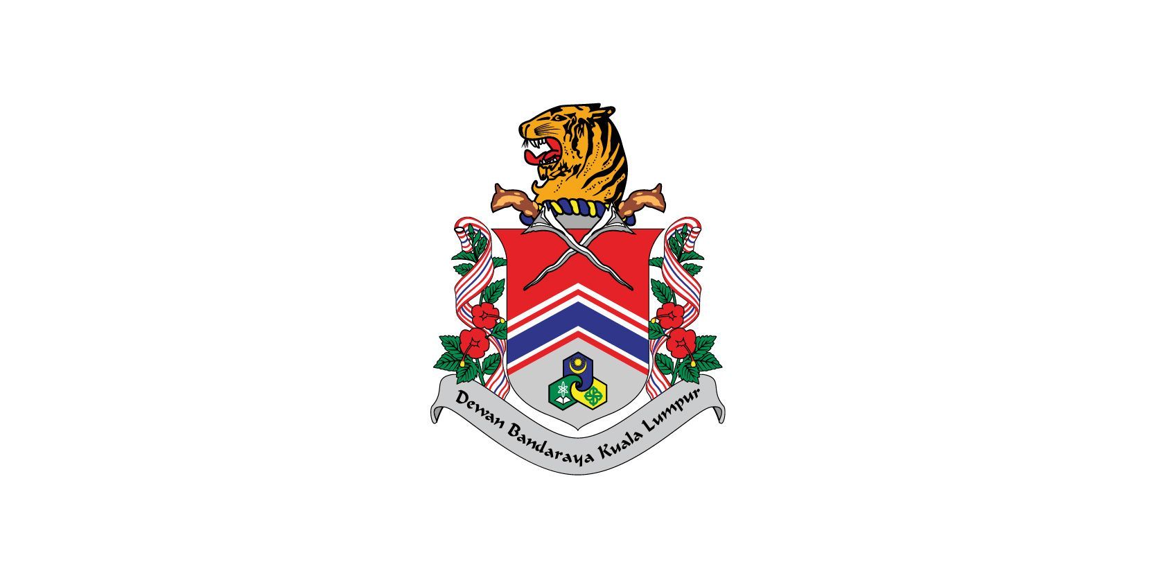 Flag of the University of Malaya. A white flag with a university emblem in the center, featuring a tiger, shields, and a banner.