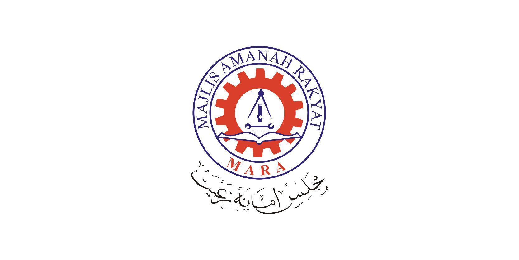 MARA logo: A red gear with an emblem inside a blue circle, flanked by text in Malay and Arabic script on a white background.