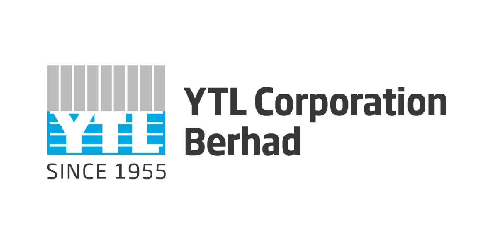 Logo for YTL Corporation Berhad, with the company name in dark grey text. The logo includes a square graphic with blue and grey elements and the words