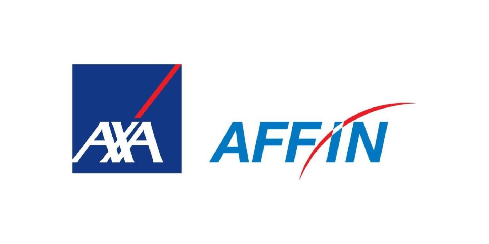 The AXA and AFFIN logo side-by-side. The AXA logo features a blue square with white text and a red line. The AFFIN logo features blue text with a red arc.