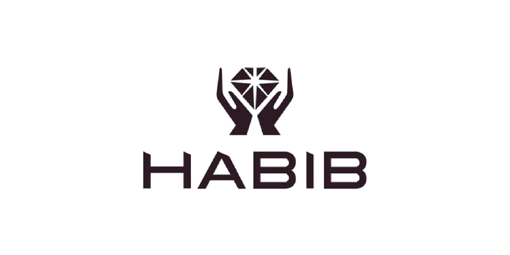 Logo of the jewelry brand Habib. It features a diamond held by hands above the brand name.