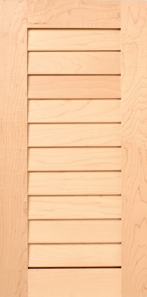 Light wood door with vertical slats.