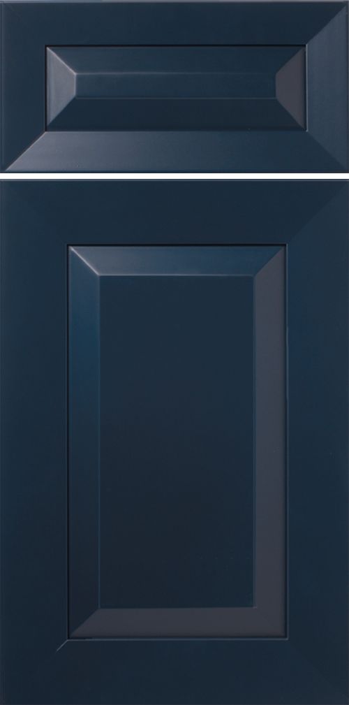 Navy blue cabinet door with raised center panel and rectangular beveled edges.