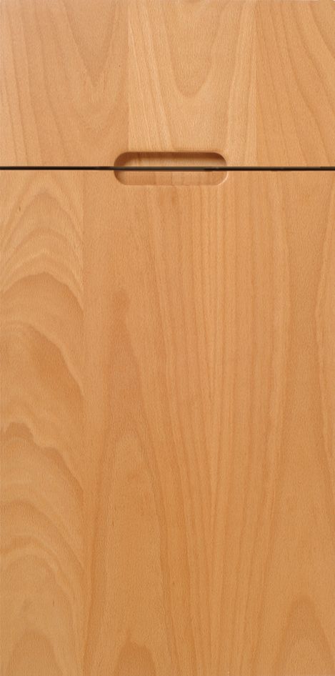 Wooden cabinet door with recessed handle.