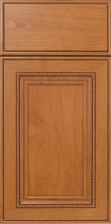 Wooden cabinet door with raised panel and rope detailing.