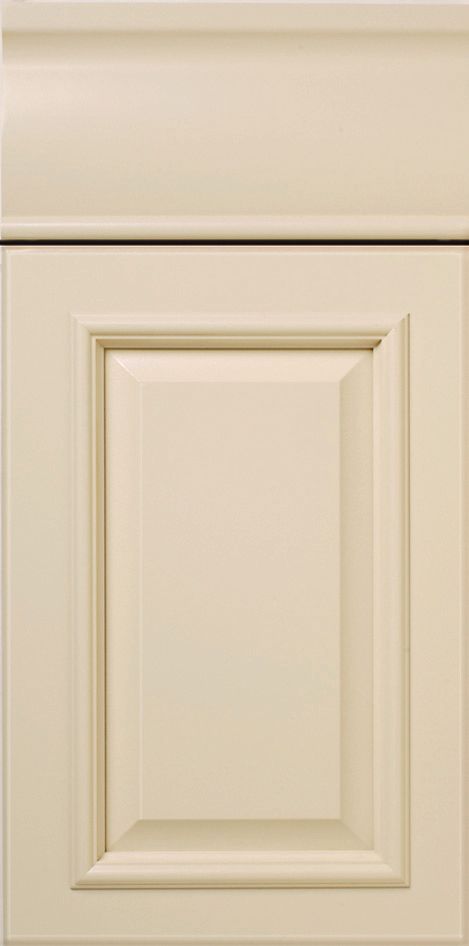 Cream-colored kitchen cabinet door with a raised panel and molding detail.