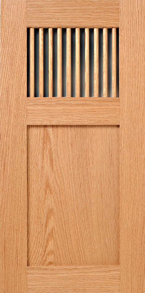 Wooden door with vertical slats above a rectangular panel.