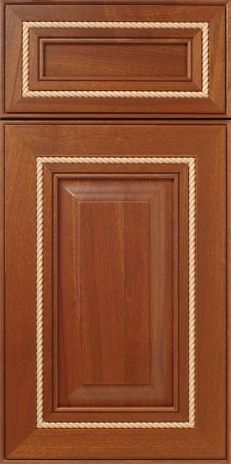 Brown wooden cabinet doors with rope-like trim.