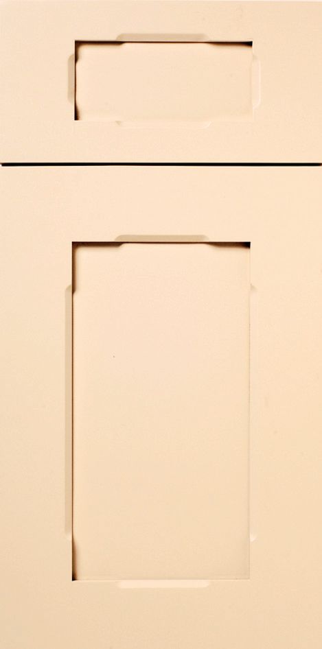 Beige cabinet doors with recessed rectangular cutouts.