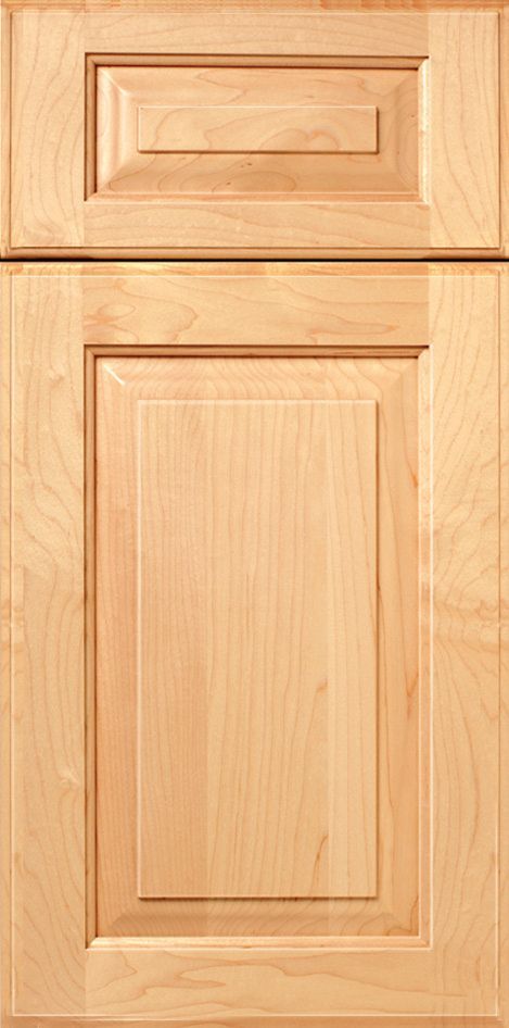 Wooden kitchen cabinet door with inset panels, light brown color.