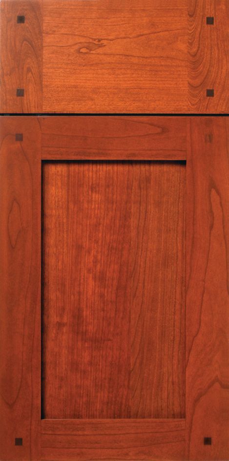 Wooden kitchen cabinet door with square inset panel, medium-tone finish. Dark square pegs at corners.
