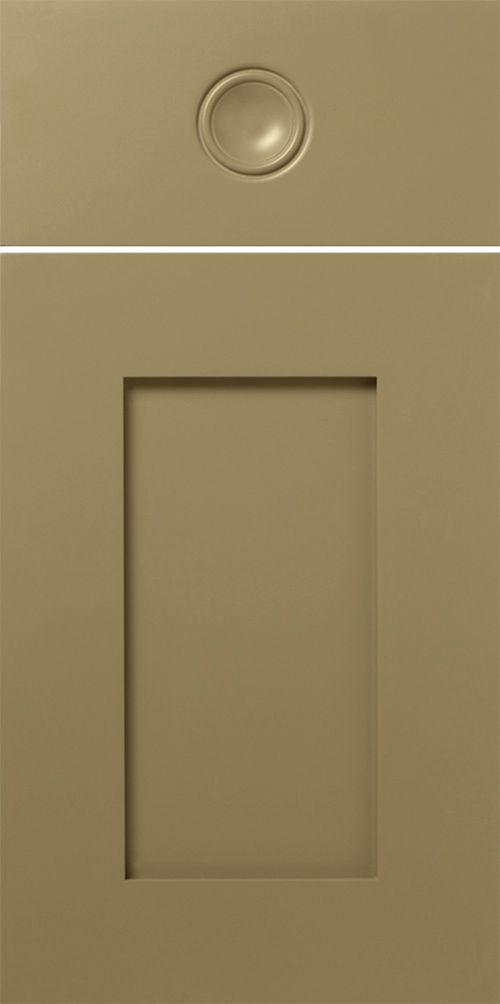 Cabinet door with recessed center panel and a round knob. Beige color.